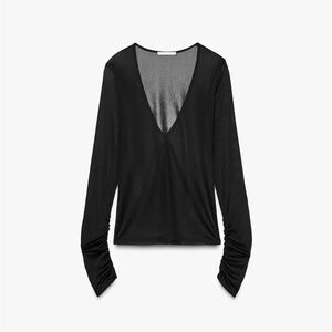 Zara SEMI-SHEER RUCHED 
Black V-Neck Women's Top